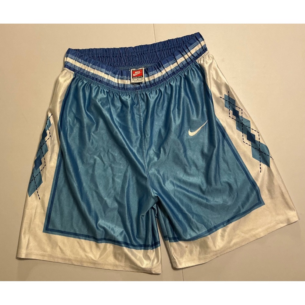VTG USA 90s Nike Basketball Dazzle Shimmer Silky Shorts Argyle Blue White Men M